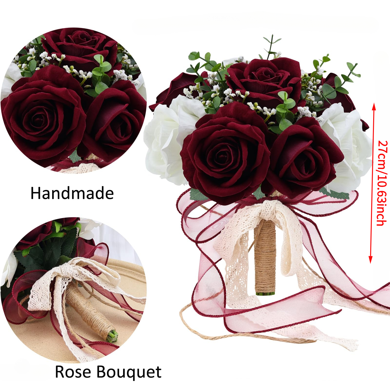 Künstliche Rosen Blumenstrauß Brautstrauß Burgund & Weiß für rustikale Kirche Boho Hochzeit Mittelstücke les fleurs de marie: Blau