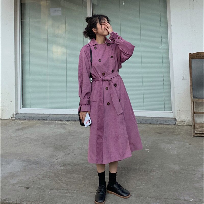 Double-Breasted Corduroy Trench Coat