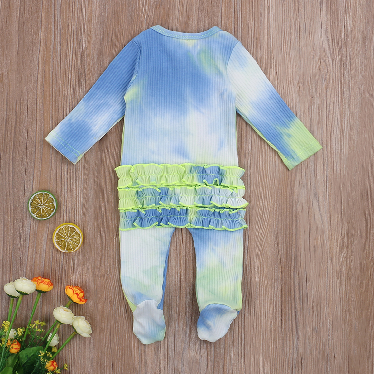 Newborn Baby Girls Boys Ribbed Romper Infant Tie-dye Print Long Sleeve Round Neck Ruffle Footed Zipper Jumpsuit