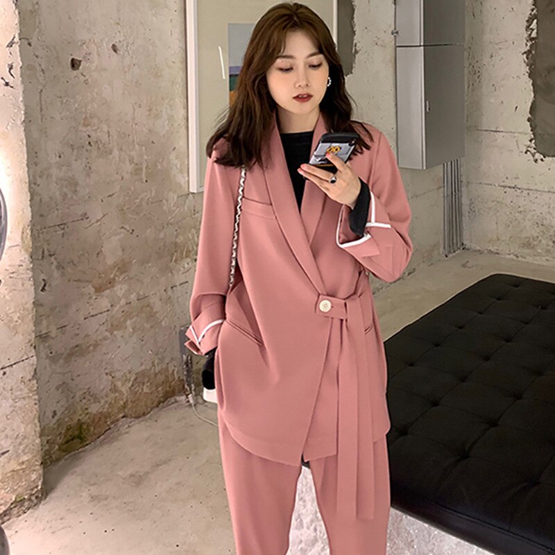 Twee Stuk Grote Size Vrouwen Pak Pak Effen Kleur Mode Herfst Pak: pink / 5XL