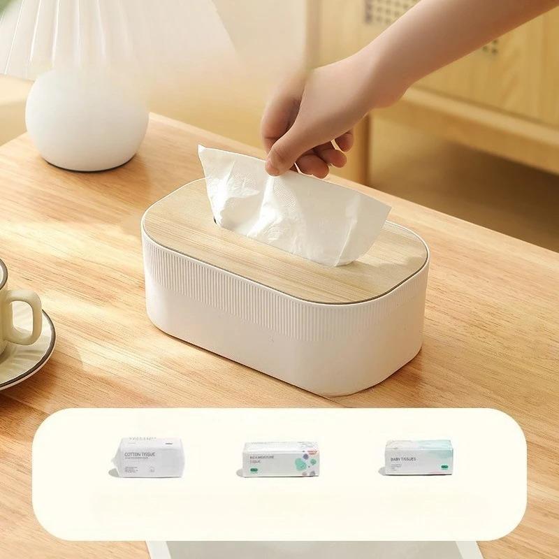 Plastik-Taschentuchbox mit Holzdeckel im Nordischen Schlichtheit-Stil Desktop-Serviettenbox für Wohnzimmer, Badezimmer und Toilette Quadratische Taschentuchbox
