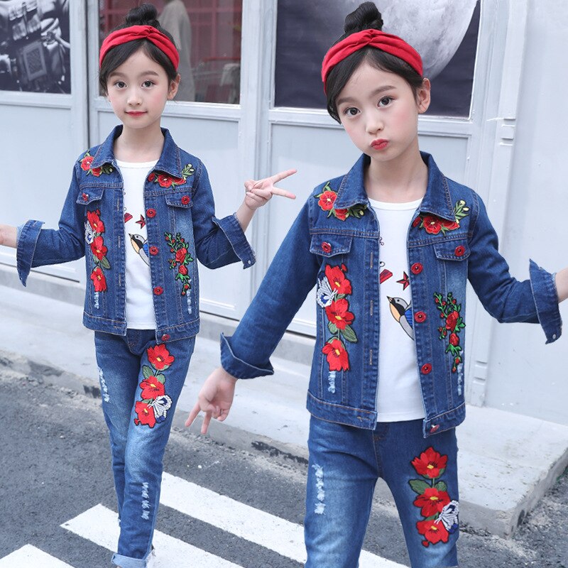 Embroidered Flower Kids Spring Autumn Long Sleeve Outfit Girl Jean Kids Denim Clothing Single Jacket: 130