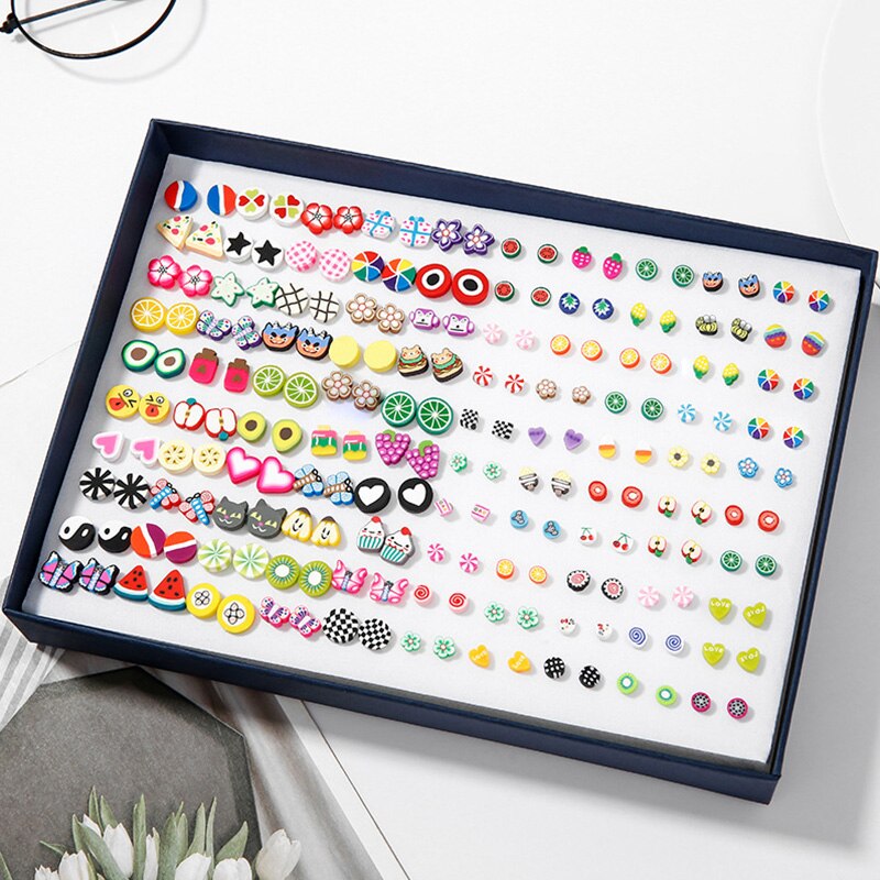 100 Pairs Boxed Leuke Oorbellen Gemengde Stijlen Kristal Kleine Stud Oorbellen Sets Meisje Geometrische Plastic Oorbellen Voor Vrouwen Sieraden