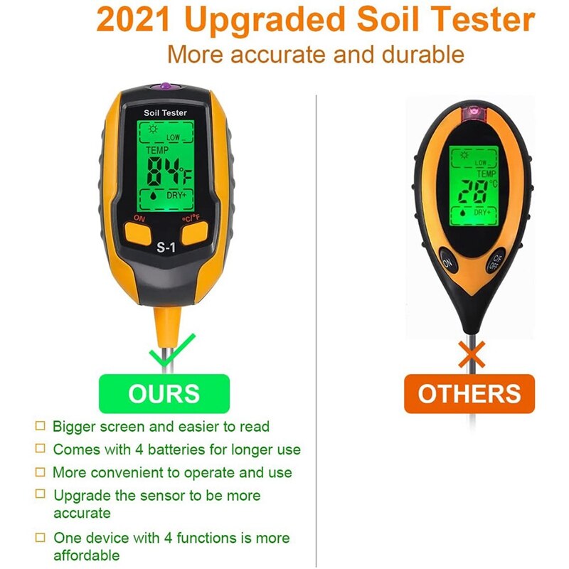 Soil PH Meter, 4 in 1 Soil Tester Moisture, Digital Plant Moisture Meter with PH/Temperature/Light, Soil Moisture Meter