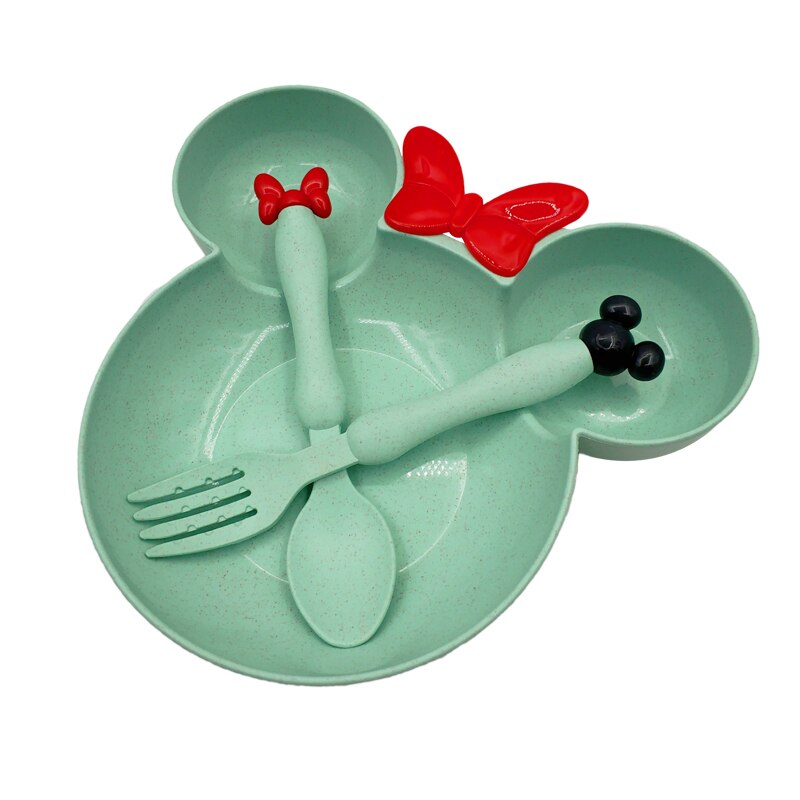 Plato de paja de trigo para bebé, vajilla de dibujos animados, vajilla, Bol para niños, cuchara, tenedor, plato de fruta, cuenco de entrenamiento para niños con platos: Green(without box)