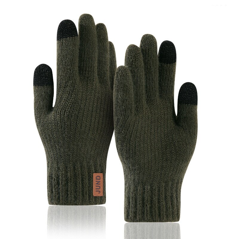 Herre & #39 ;s plus fløjl fortykket strik ulden cykel luffer vinter cashmere elastisk touch screen kørehandsker  h49: Militærgrøn