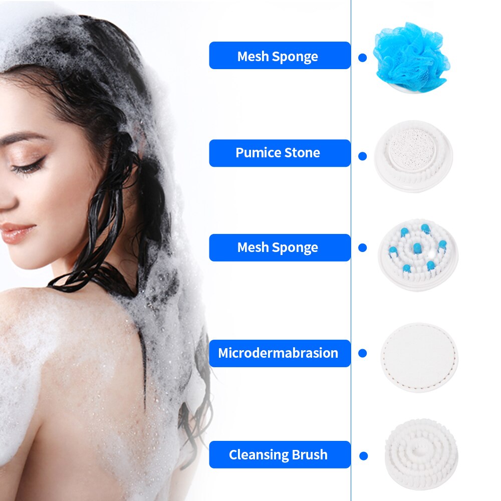 5 In1 Elektrische Douche Borstel Handheld Spin Spa Massage Schoonmaken Bad Borstel Water Slip Lange Handvat Scrub Gezondheidszorg Tool