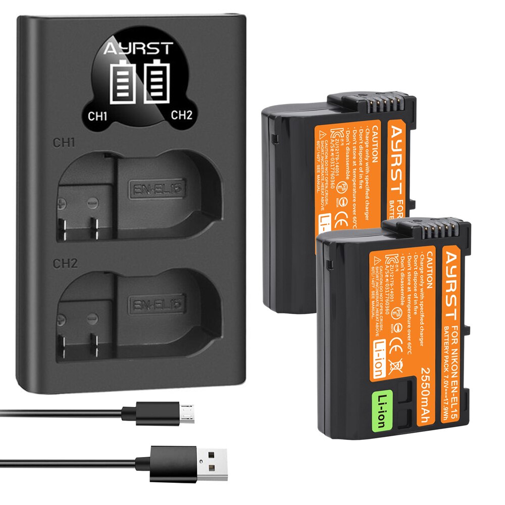 2 Pcs 2550mAh EN-EL15C EN-EL15 Batterie + LED USB Dual Ladegerät für Nikon Z5,Z6, z6 II,Z7,Z7II D600 D610 D600E D800 D800E D810