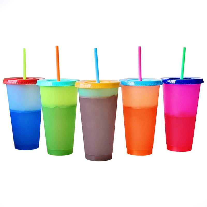 Koud Water Kleur Veranderende Mok Water Flessen Met Rietjes 5 Pcs 710 Ml Pp Temperatuur Magische Kleur Veranderen cups Kleurrijke