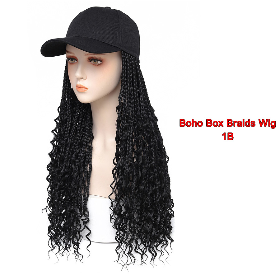 TOMO-gorra de béisbol con extensiones de pelo de ganchillo para mujer, sombrero ajustable con peluca sintética, trenzas de caja rizadas adjuntas: #1B / 20 pulgadas