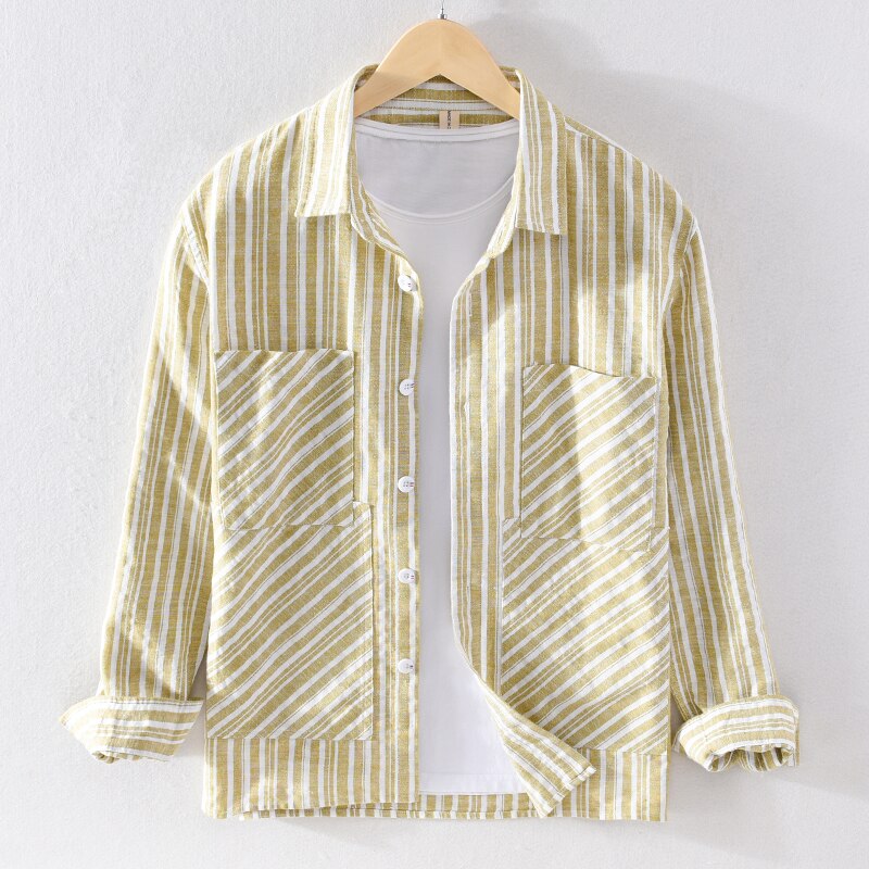 Gestreepte katoenen en linnen merk heren overhemd comfortabele shirts met lange mouwen voor heren trendy gestreept overhemd heren camisa chemise