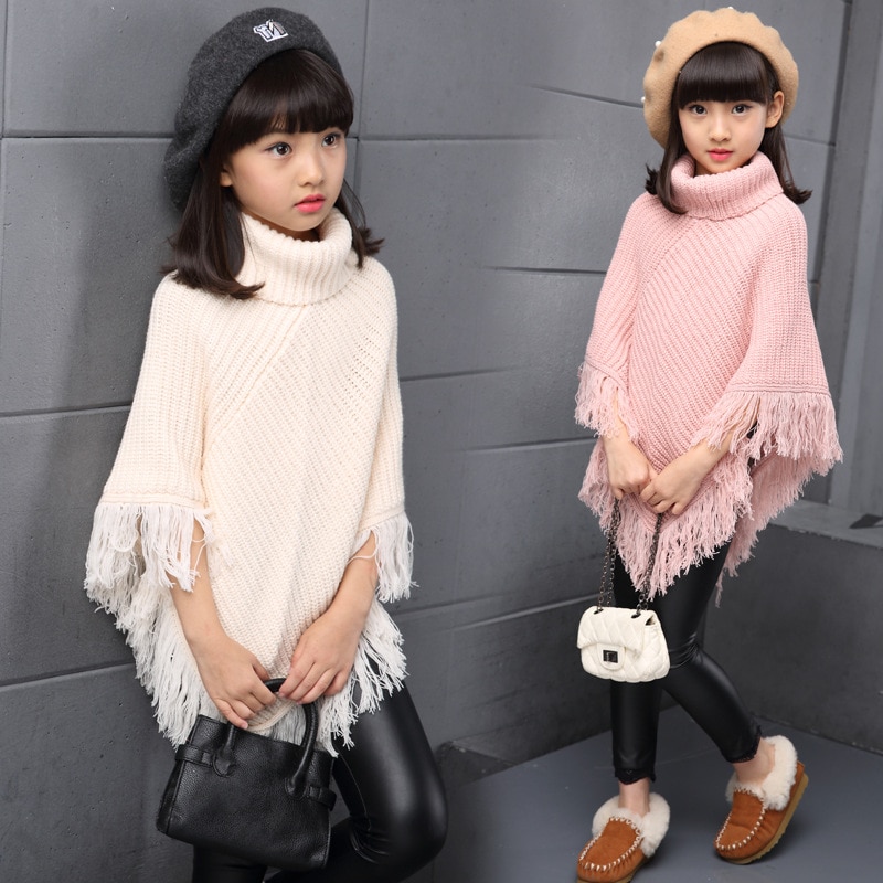 Poncho sjal kappe wrap cape til børn pige kvast rullekrave sweater strik baby børn outwear varm frakke kappe og jakker