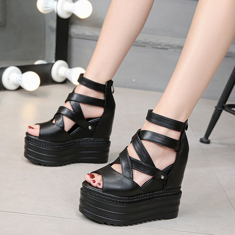 Women Black Party Platform Ankle Strap Wedges High Heel Shoes Female Summer Peep Toe Rome Gladiator Sandal G0003: 34