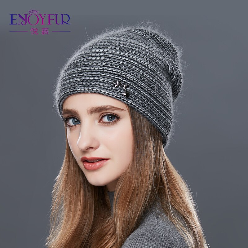 Enjoyfur gebreide wollen muts voor de winter dubbele laag dikke warme zachte damesmuts casual mutsen damesmutsen muts voor dames