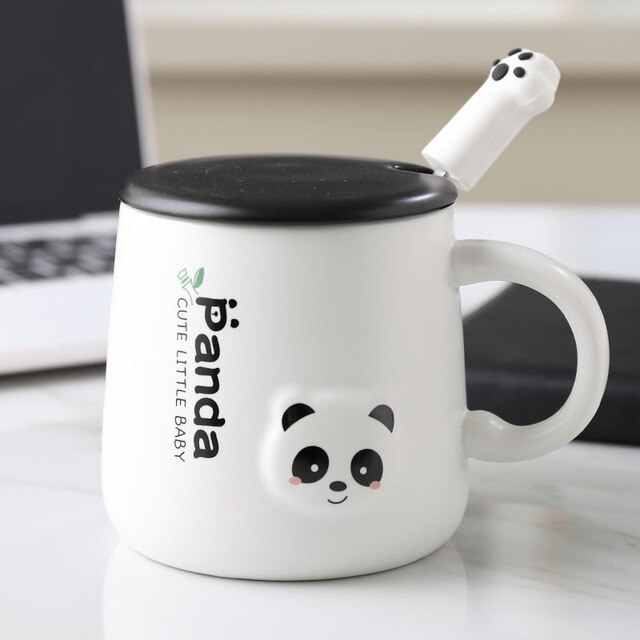 380ml Cartoon Panda Ceramic Mug Glass Cute Couple Cup Coffee Milk Cup Office Cup with Lid Spoon Girl: D