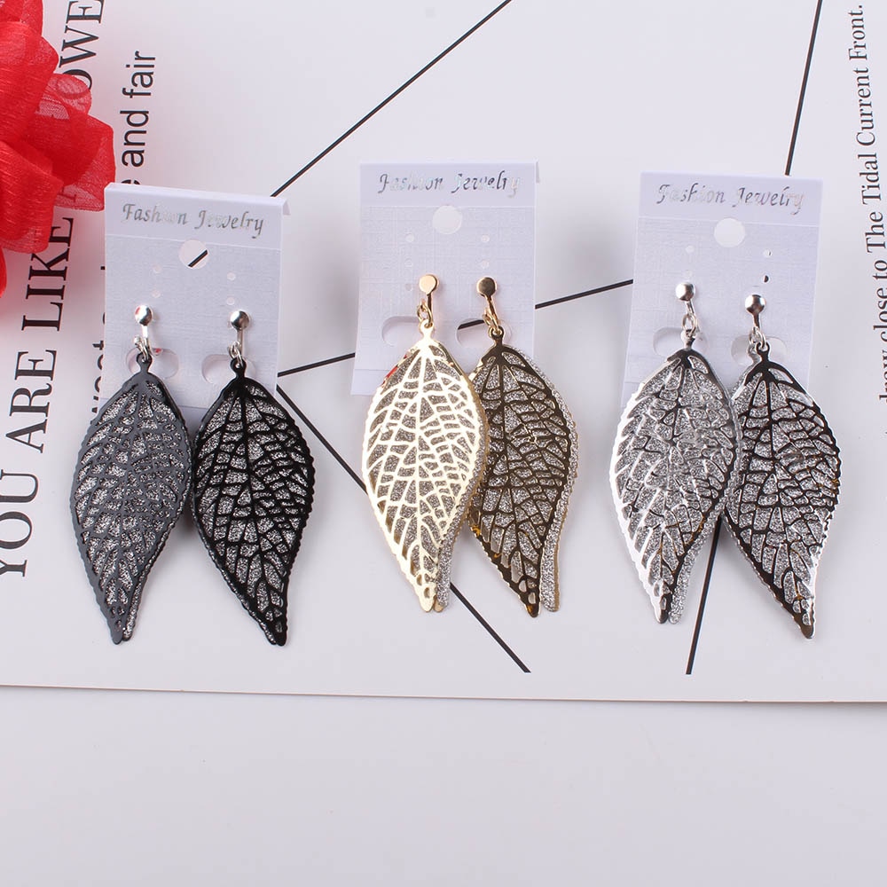 JIOFREE Gold Black Chic Jewelry Leaves Long Clip on Earrings Ear Wire Hooks For Women MultiLayer Hollow Earrings