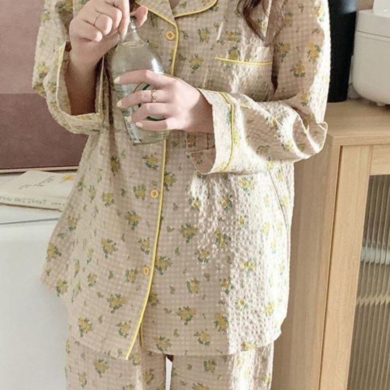 Pijama de algodón para mujer, ropa de dormir con estampado Floral coreana, conjunto de 2 piezas, para el hogar, Primavera