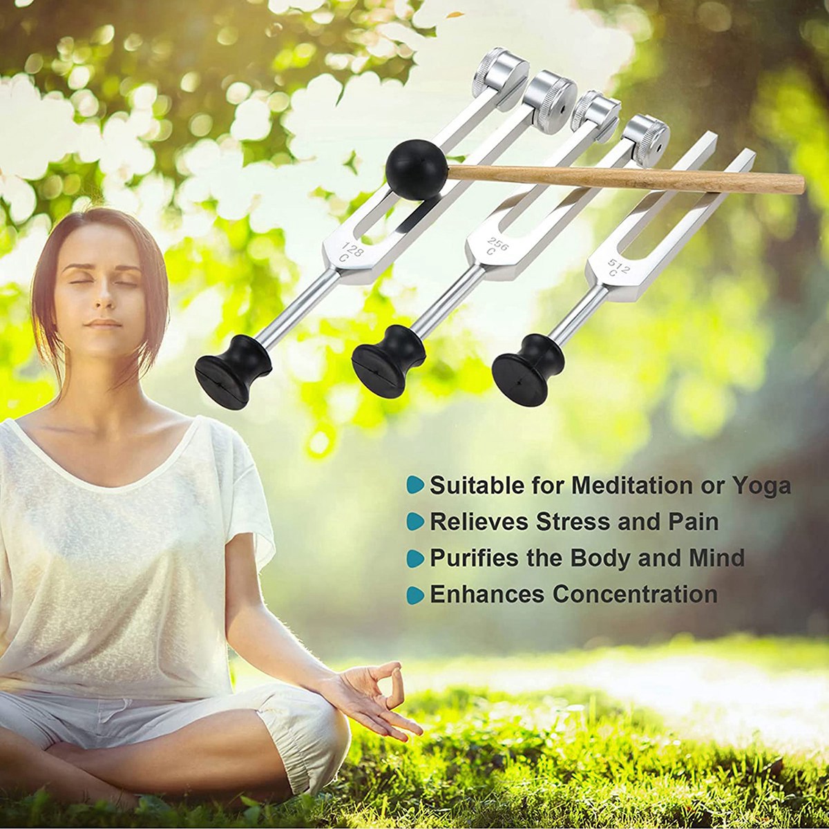 4 Pack Tuning Fork Set(128Hz, 256Hz, 512Hz)with Tuning Fork Hammer for Sound Sound Vibration Tool with Base,Silver