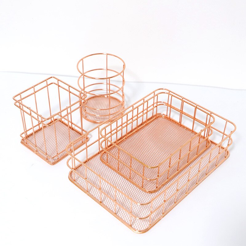 Panier de rangement nordique en fer forgé porte-stylo, panier de rangement en fond de bureau en métal, or Rose, papeterie et finition