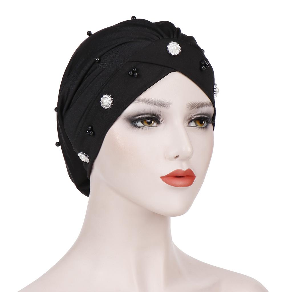 Nuove Donne Musulmano Perline Cancro cap Cofano Cappello Turbante Foulard avvolgere cap Perdita di Capelli Elastico Skullies Berretti Arabo di Modo Della Copertura: nero