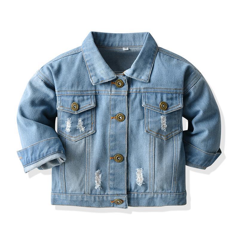 Giacca da bambino in cotone con fori per bambina primavera autunno tinta unita colletto rovesciato Jeans per bambini cappotto capispalla in Denim per bambini: 3T 90cm-100cm