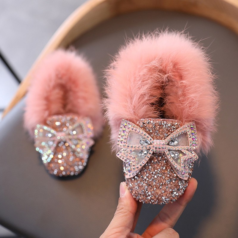 Herfst Winter Meisjes Schoenen Warme Katoen Pluche Fluffy Fur Kids Loafers Met Rhinestone Bow-Gebonden Wollen Flats Kinderen Loafer43