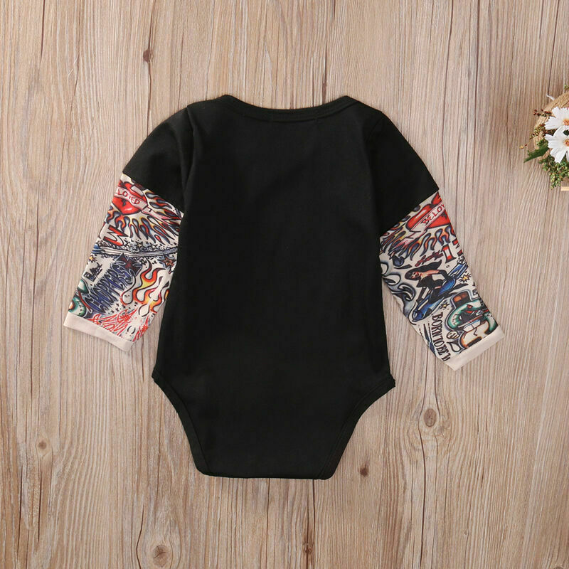 Zomer katoen Pasgeboren Baby Jongen Bodysuit Kleding Tattoos Print Lange Mouwen Bodysuit Jumpsuit Outfits Zwart Grijs