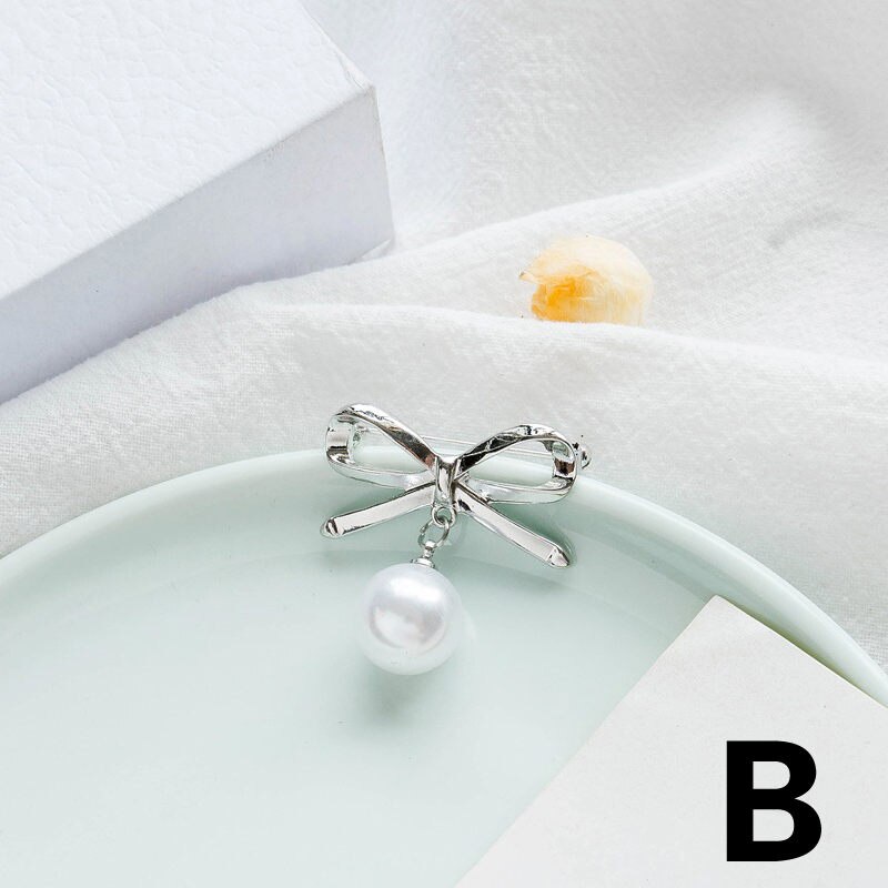 Simple Bow Brooches for Women Bowknot Brooch Pin Pearl Pendant Safety Lapel Pins Brooch Wedding Jewelry Accessories: B