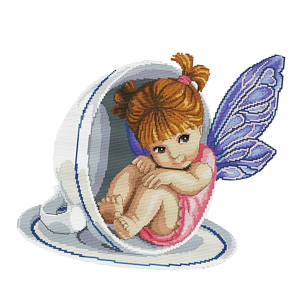 Angel in Teacup DIY Stamped Cross Stitch Kit Pre-printed Patterns Cute Scenery