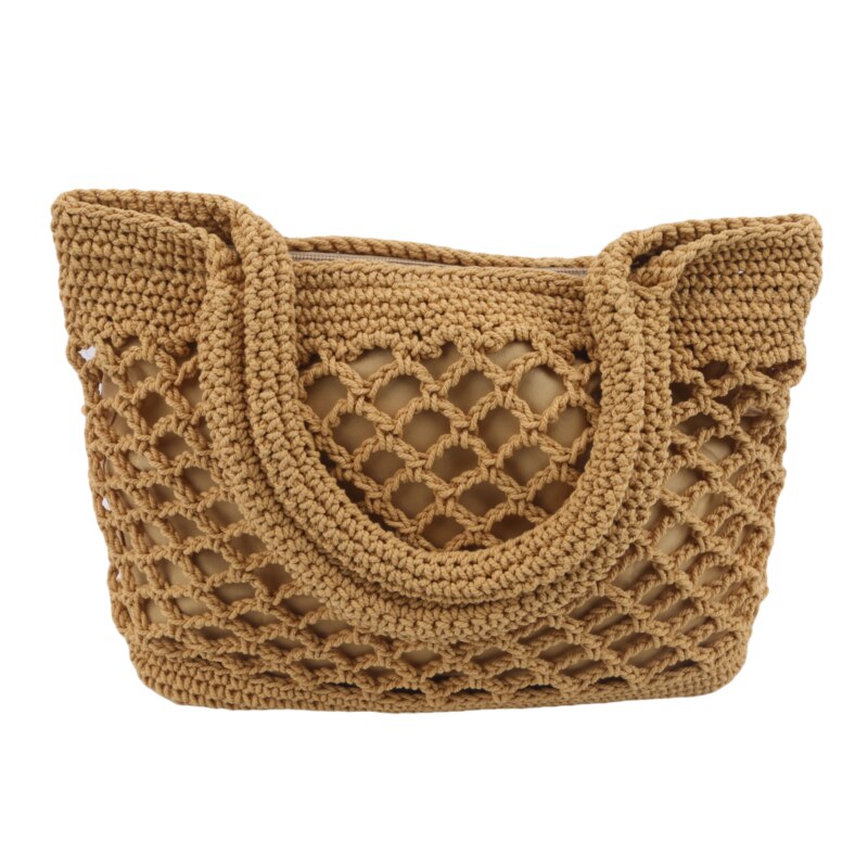Handgefertigte quadratische tragetasche aus baumwollseil und stroh mit reißverschluss für damen, ideal für reisen und strand, gewebt, mit henkel, lässige strandtasche aus netzgewebe, hohl: Gelb