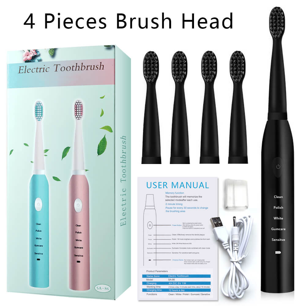 Ultrasonic Electric Toothbrush Rechargeable Dental Scaler Tooth Calculus Cleaner Portable Remover Stains Dentist Brush Heads Box: Black with 4 heads