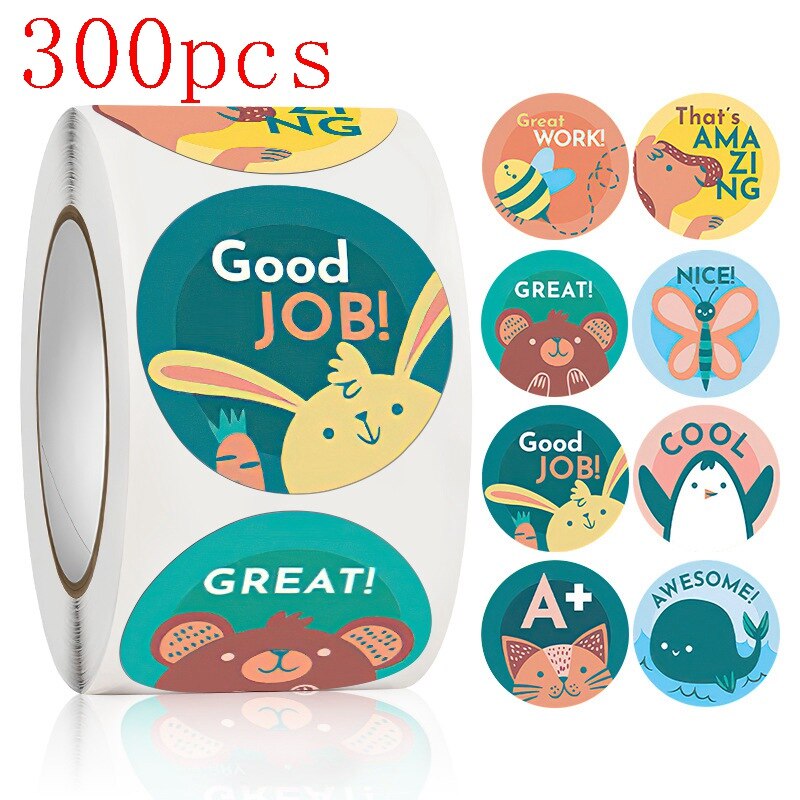 50-500pcs round GOOD JOB 8 designs rainbow star Scrapbooking accessories aesthetic stickers kawaii teacher child reward: HY2022-02-300pcs