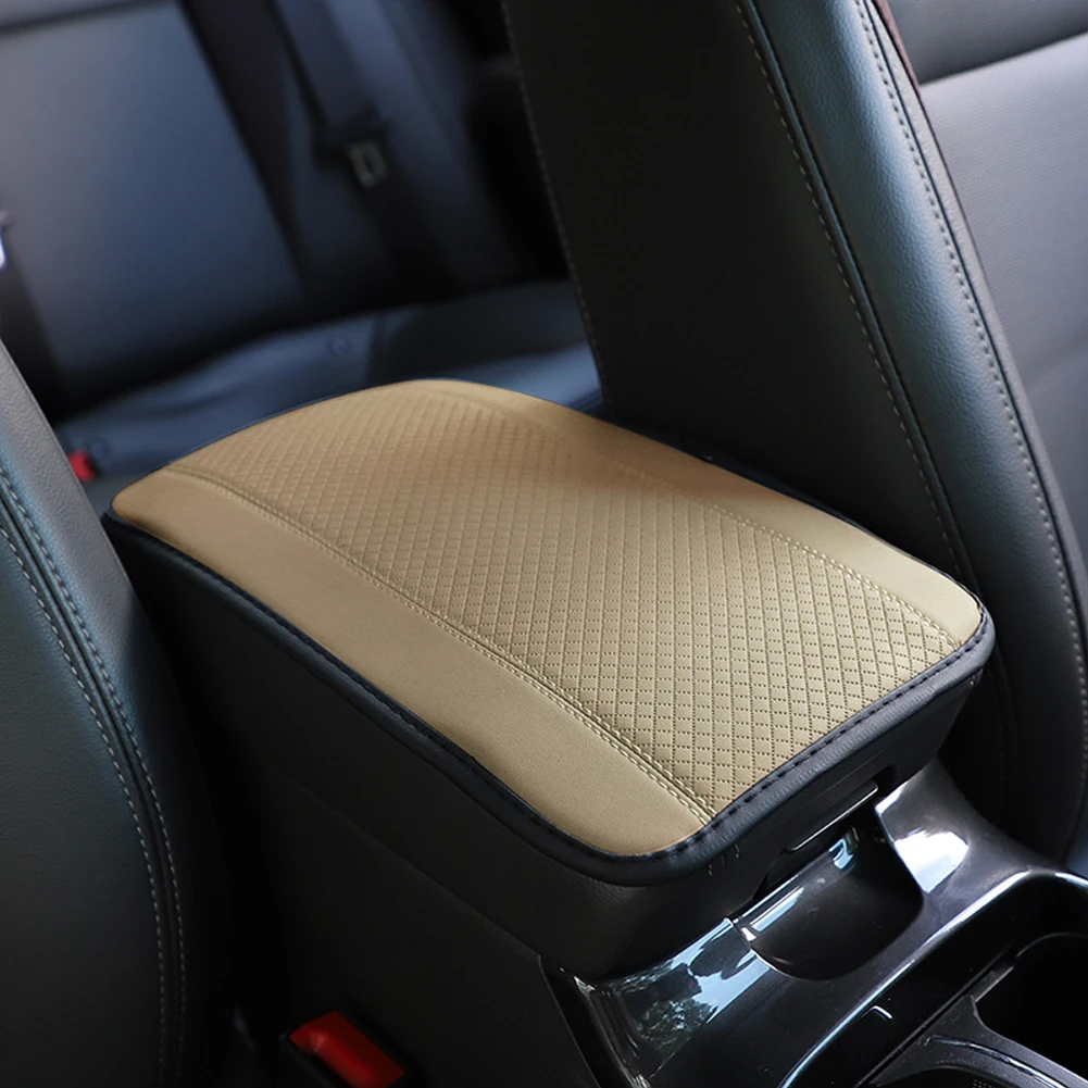 Almohadilla para reposabrazos de coche, cubierta protectora de reposabrazos Central antideslizante de doble línea en relieve de cuero y fibra, accesorios universales de estilo para automóvil: Marrón