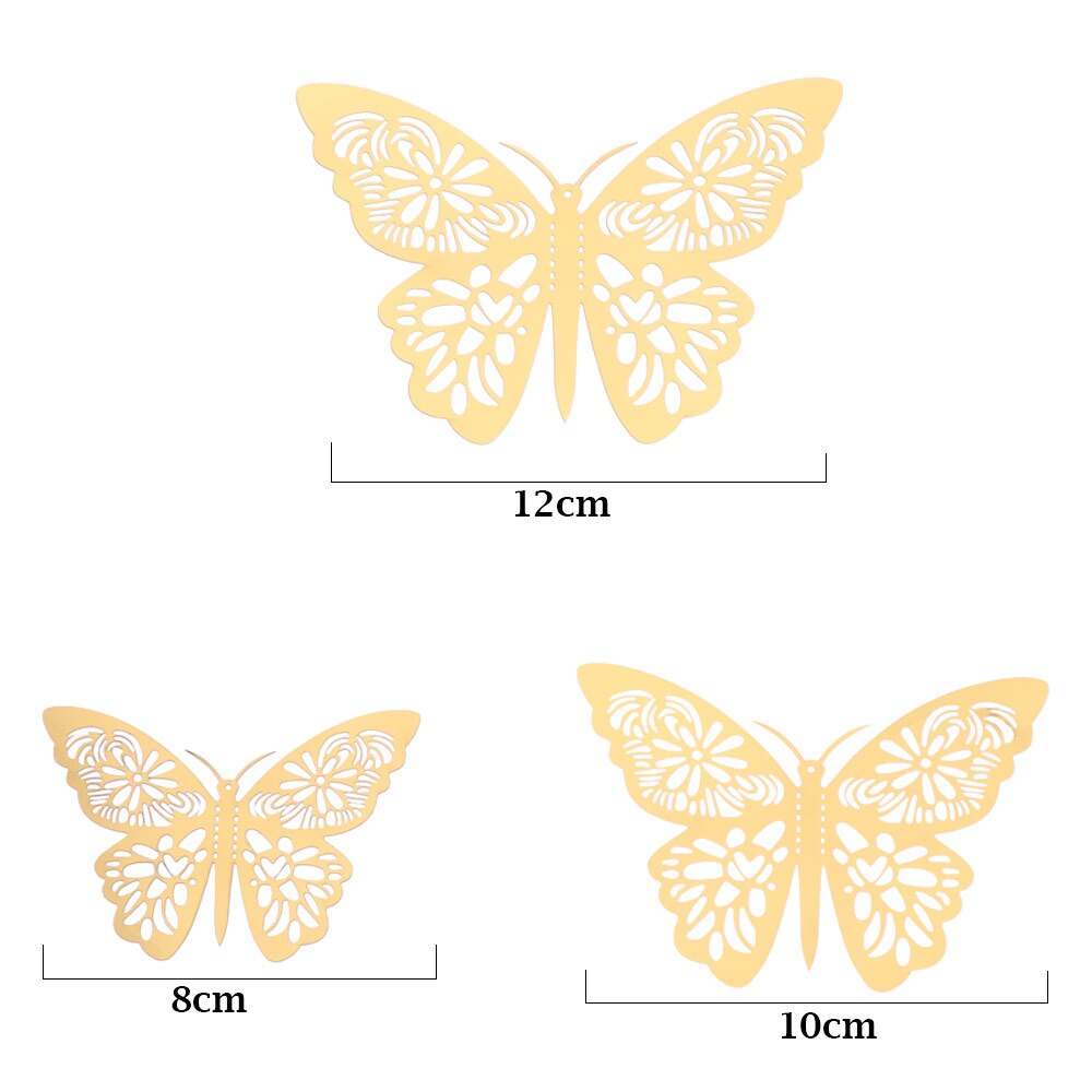 Autocollant mural papillon 3D ajouré, 12 pièces/ensemble, décoration pour mariage, décor de salle pour la maison, pour fenêtre, or argent, Stickers muraux