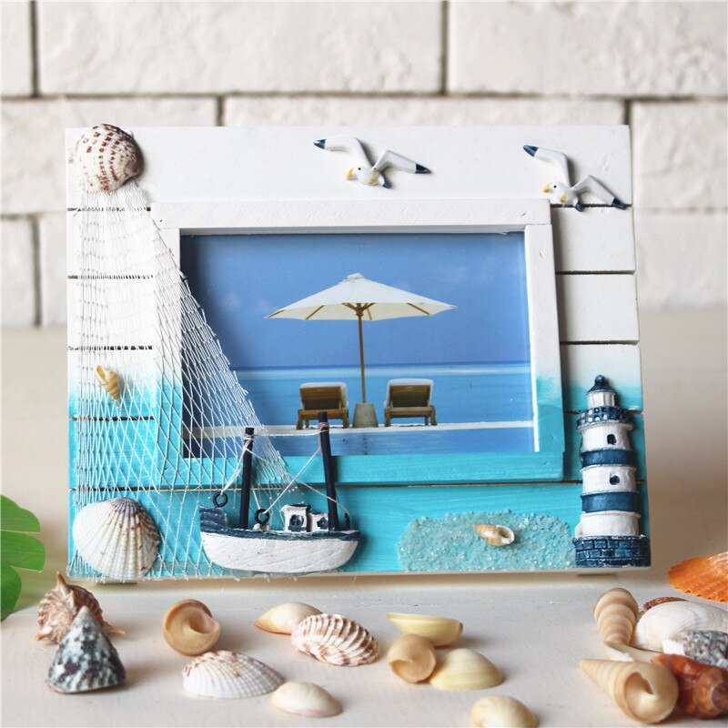 Marco de Fotos de madera sólido mediterráneo para el hogar, joyería de escritorio, manualidades creativas, marco de fotos, conjunto de marco de estilo marinero, adorno: 1