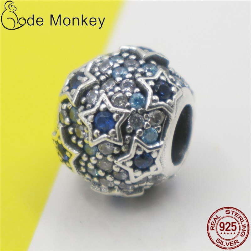CodeMonkey claro CZ estrella azul alivio Ajuste Original 3mm pulsera y cuelga Plata de Ley 925 100% auténtica joyería CMS1541