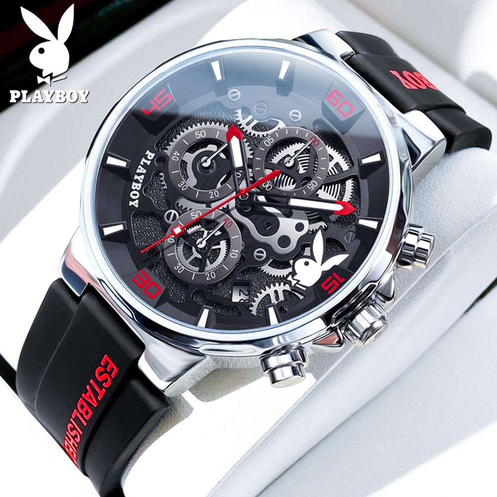 PLAYBOY, reloj de cuarzo de tendencia de la mejor para hombre, correa de silicona Original, relojes para hombre, calendario resistente al agua, reloj masculino multifunción: Rojo