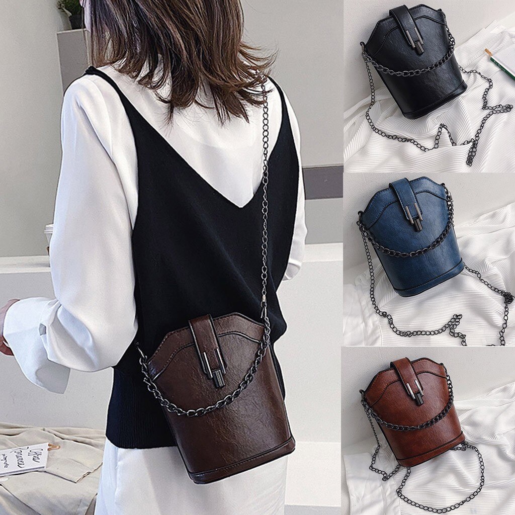 Casual Women's Blue Shoulder Bags Large Capacity Luxury Chain Bucket Purse PU Leather Women Crossbody Bags Solid Color