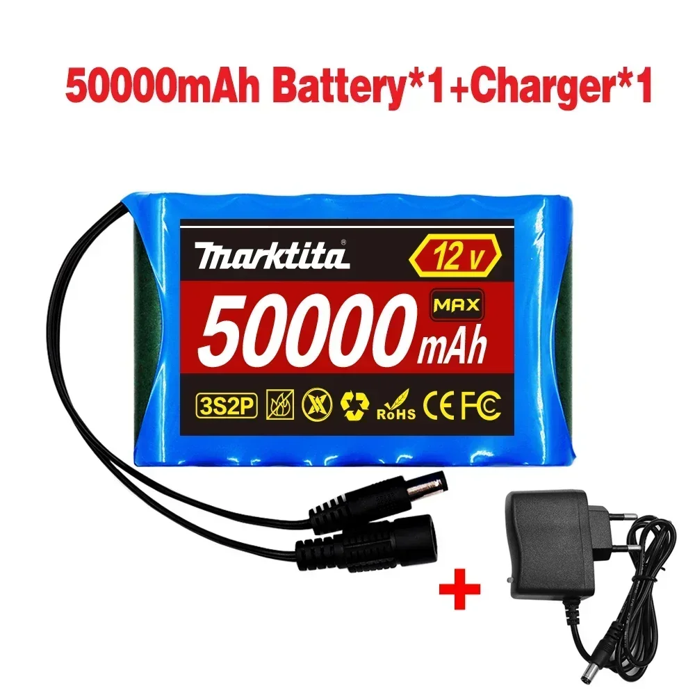 12 V 50000 mAh Lithium-Akku, Kapazität DC 12,6 V, 50 Ah, CCTV-Kamera-Monitor, Angelbeleuchtung, Xenonlampe, Lautsprecher mit Ladegerät: Blau
