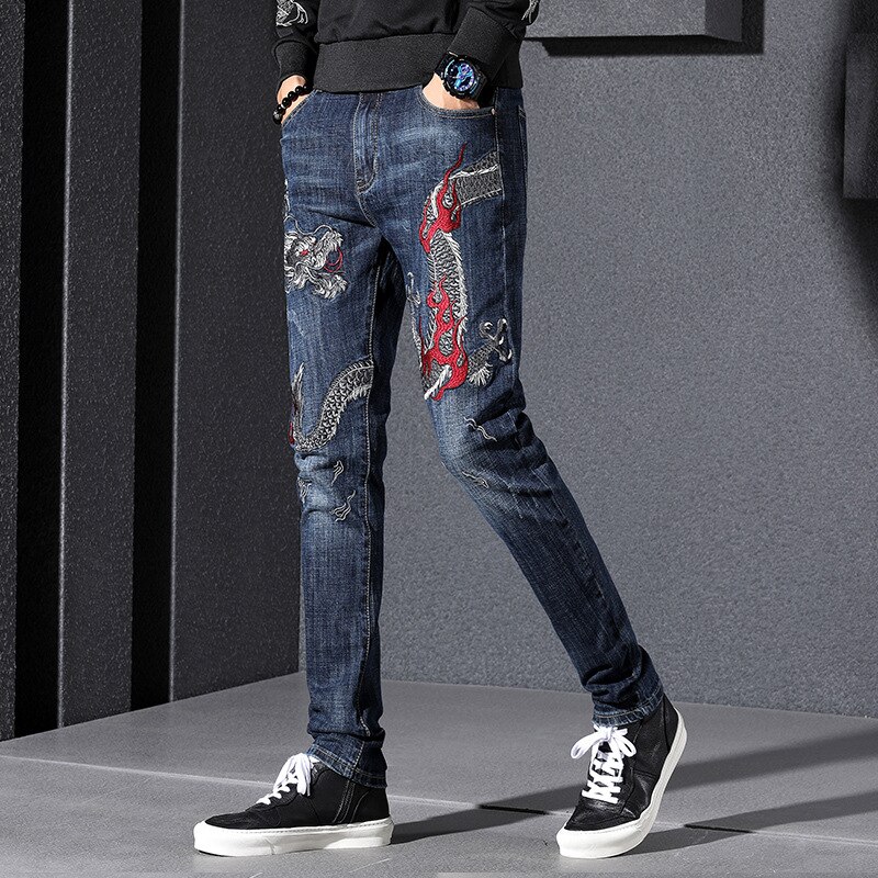 Men's Chinese dragon embroidery jeans embroidered slim straight stretch denim pants Trousers: Blue / 29