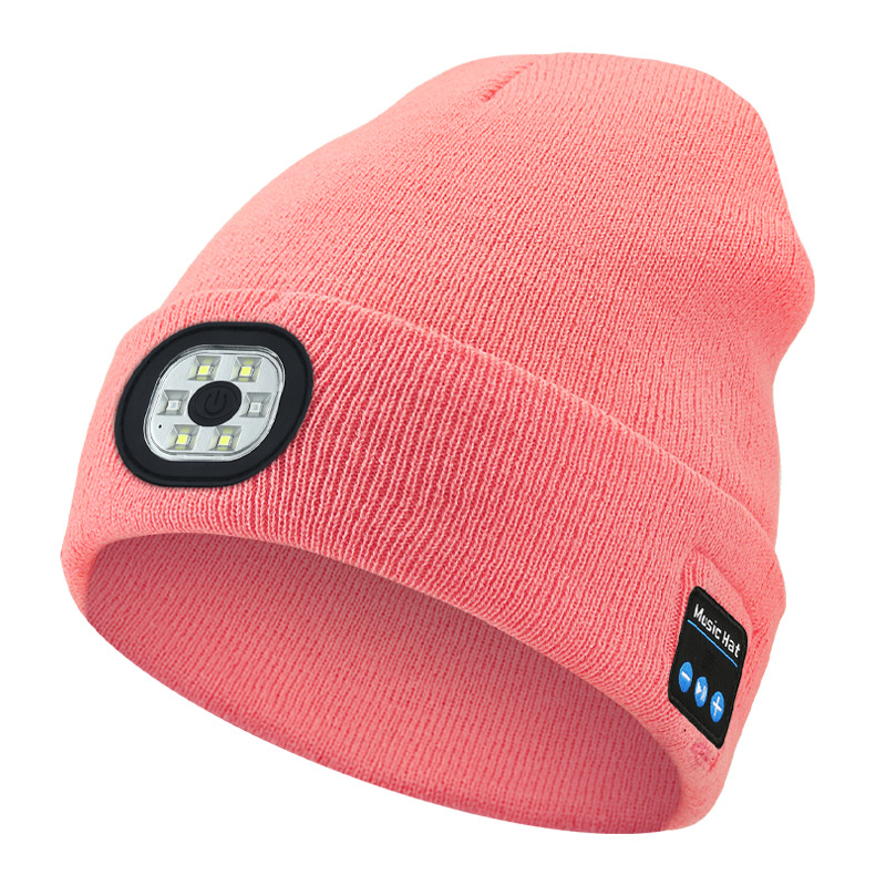 Handfree Warm Beanie Bluetooth 5.0 LED Hat Wireless Stereo Headset Music Player With MIC Support Dimming Rechargeable Battery: Pink