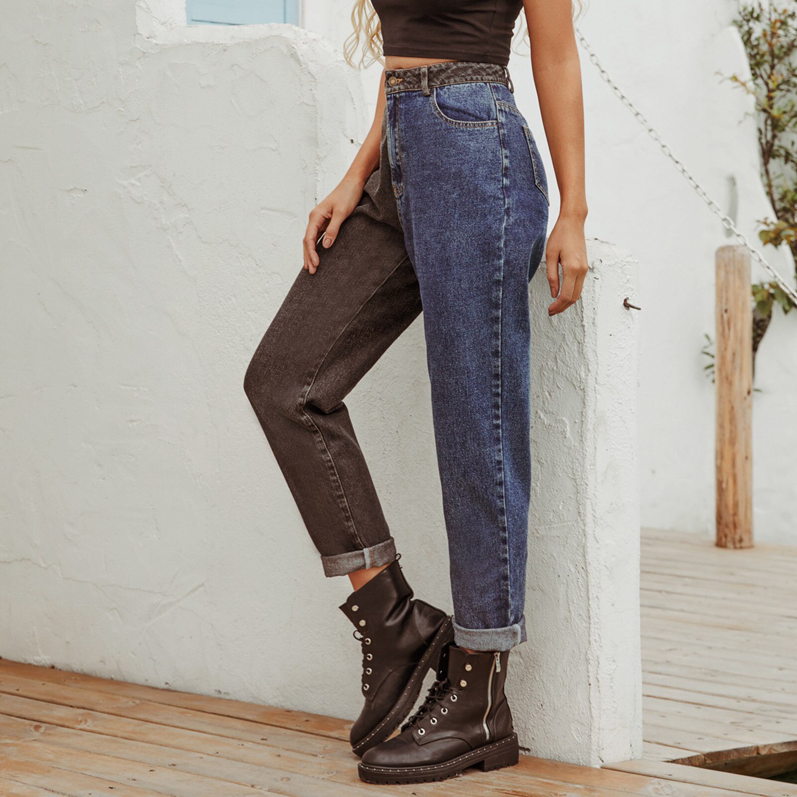 Jean Denim taille haute pour femmes, jean droit, deux tons, noir, bleu, décontracté,