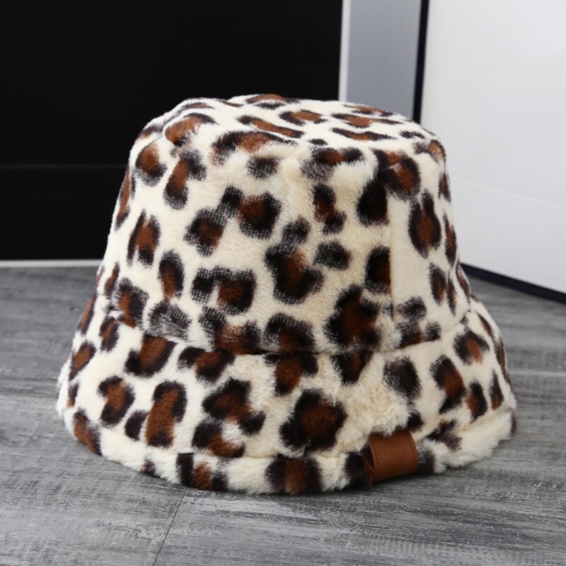 Korea kvinder efterår vinter vintage leopard plys bucket cap faux fur plys sød dejlig fisker hat varm kasket dame