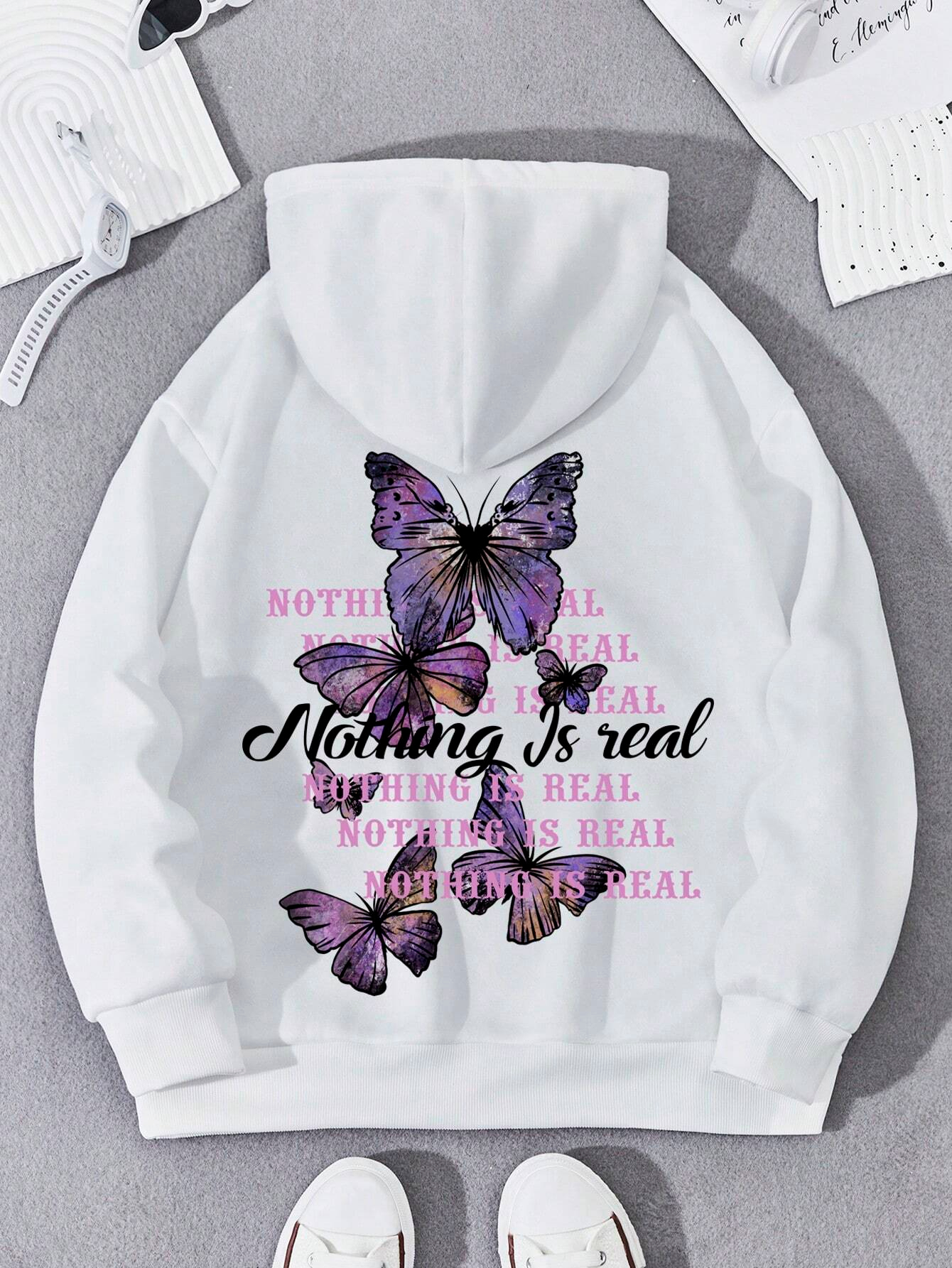 Sweat à capuche imprimé phrase papillon pour femme, sweats à capuche respirants sourire, sweat à capuche et confortable, poche décontractée, proximité wstring Y-Female: XL / Beige
