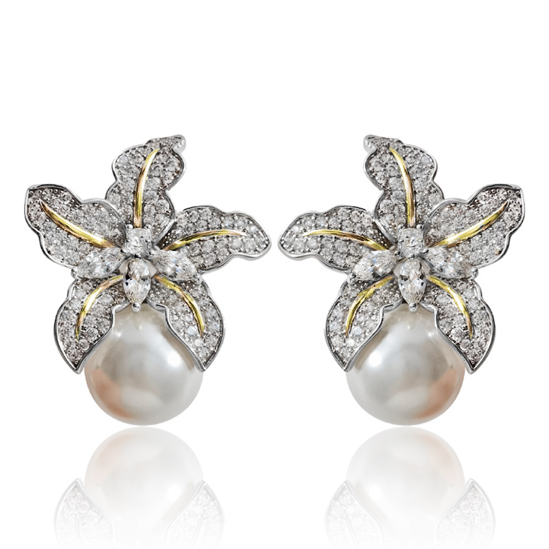 Huitan – boucles d'oreilles en Imitation de perles pour femmes, magnifique fleur, incrustée de luxe, pierre CZ scintillante, bijoux de mariage à la , , Lots