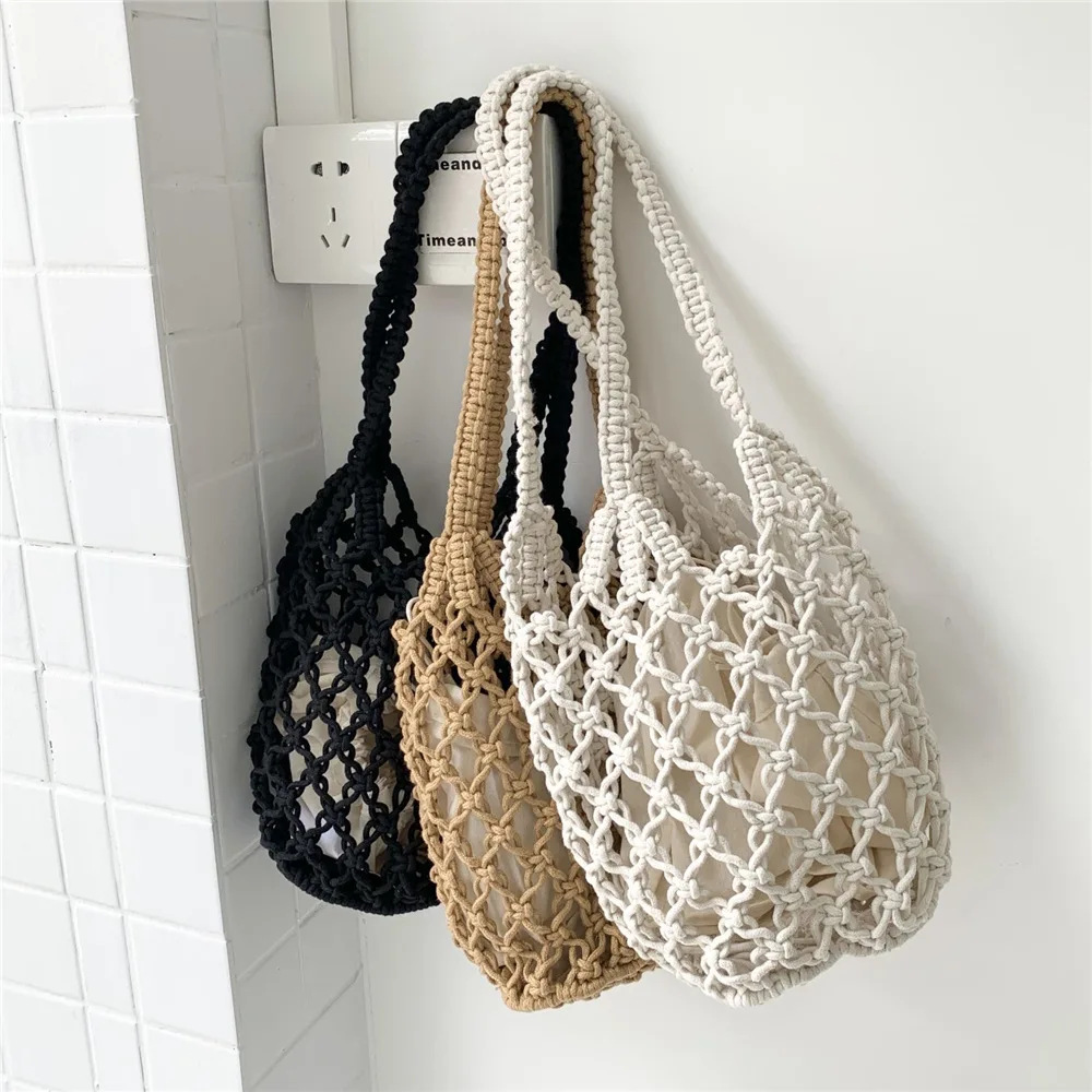 Sommer Strand tasche für Frauen Gittergewebe Seil gestrickt Eimer Umhängetaschen retikulieren hohle Reise Käufer Totes Damenmode Handtasche