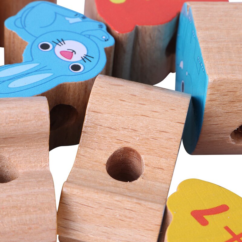 Logwood trælegetøj baby diy legetøj tegneserie frugt dyresnor trådning træperler legetøj monterssori lærerigt for børn