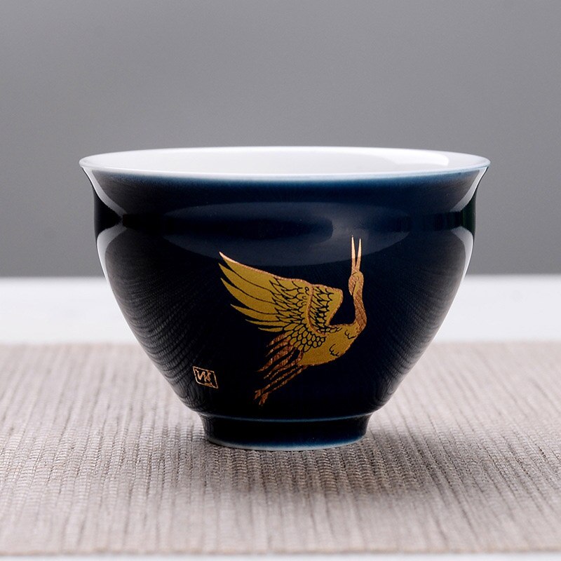 Indigo glasyr keramisk tekopp, målad gyllene kranmönster resor teskål kinesisk porslin tekopp set kung fu tekopp 75ml: 06