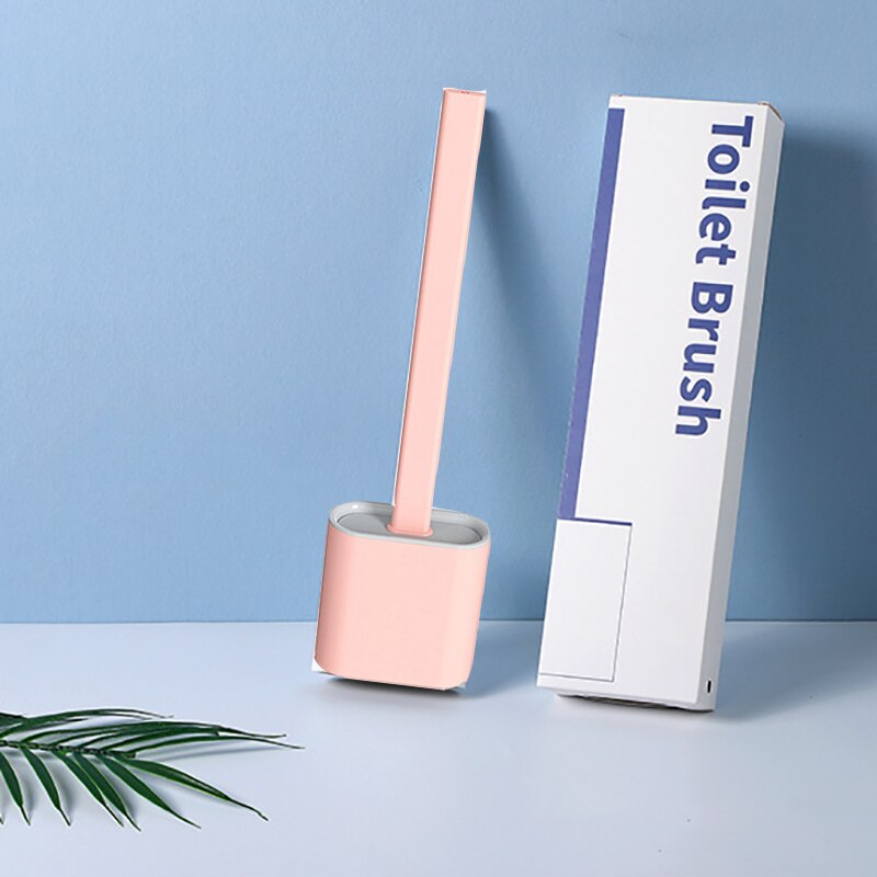 Wc rengjøring silikon flex toalettbørste med holder bad veggmontert gummihode silikon toalettbørste flat wc rensebørste: Rosa med eske