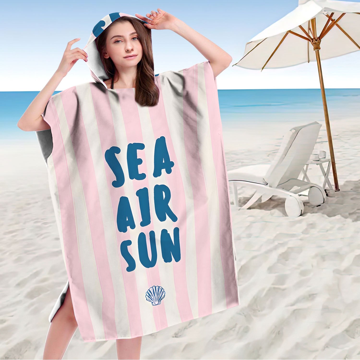 1 Stück "Meer Luft Sonne" Surfen-Poncho-Handtuch, Polyester-Umziehrobe mit Kapuze für Höhle Strand, Rosa-Weiß gestreifter Badeponcho, für Erwachsene und freundlicher